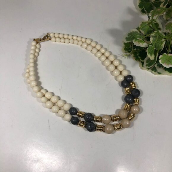 Two Strand Ivory Gray Beige Gold Tone Beaded Layered 18 Necklace Foldover Clasp - Picture 3 of 5